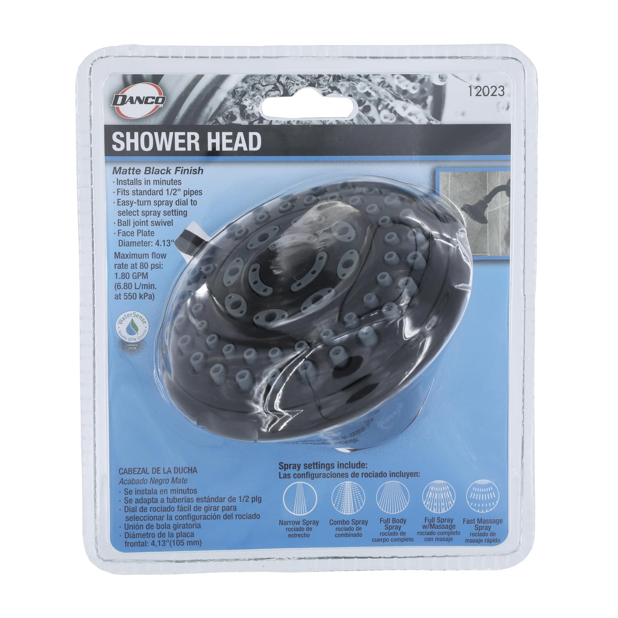 Danco 1.8GPM 5-Spray Water-Saving Luxury Shower Head with Adjustable Swivel Ball Joint in Matte Black (12023) - Image 8