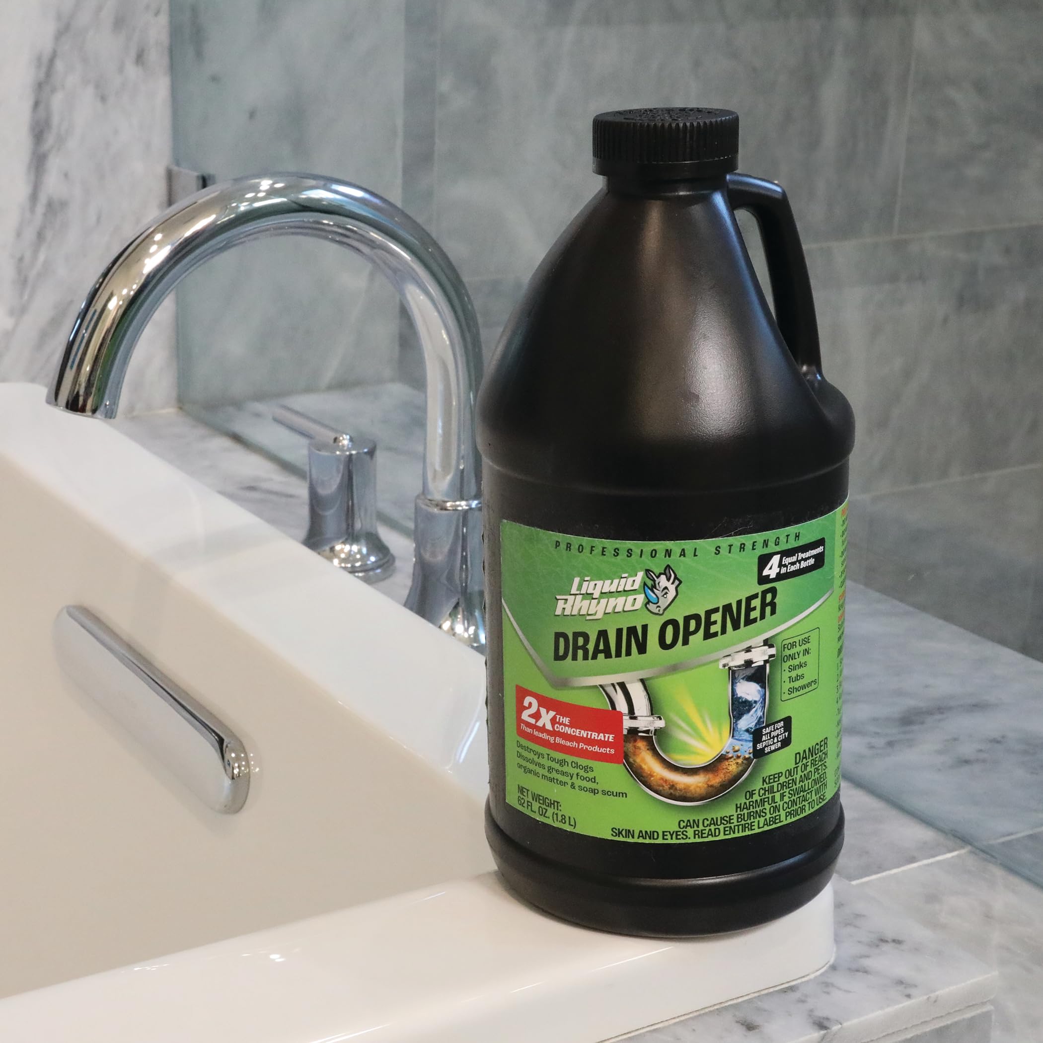 Liquid Rhyno 62 oz. Drain Opener, 2X Concentrate Hair Clog Remover for Sink, Bathtub or Shower Drains, Fast Acting Pro Strength Clears Slow-Flowing Drains, Safe for all Drain Pipes, 4 Treatments - Image 10