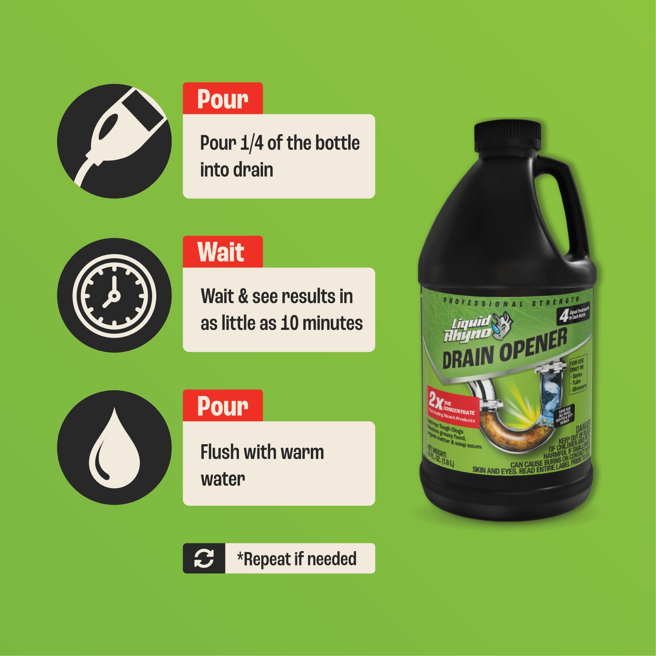 Liquid Rhyno 62 oz. Drain Opener, 2X Concentrate Hair Clog Remover for Sink, Bathtub or Shower Drains, Fast Acting Pro Strength Clears Slow-Flowing Drains, Safe for all Drain Pipes, 4 Treatments - Image 4